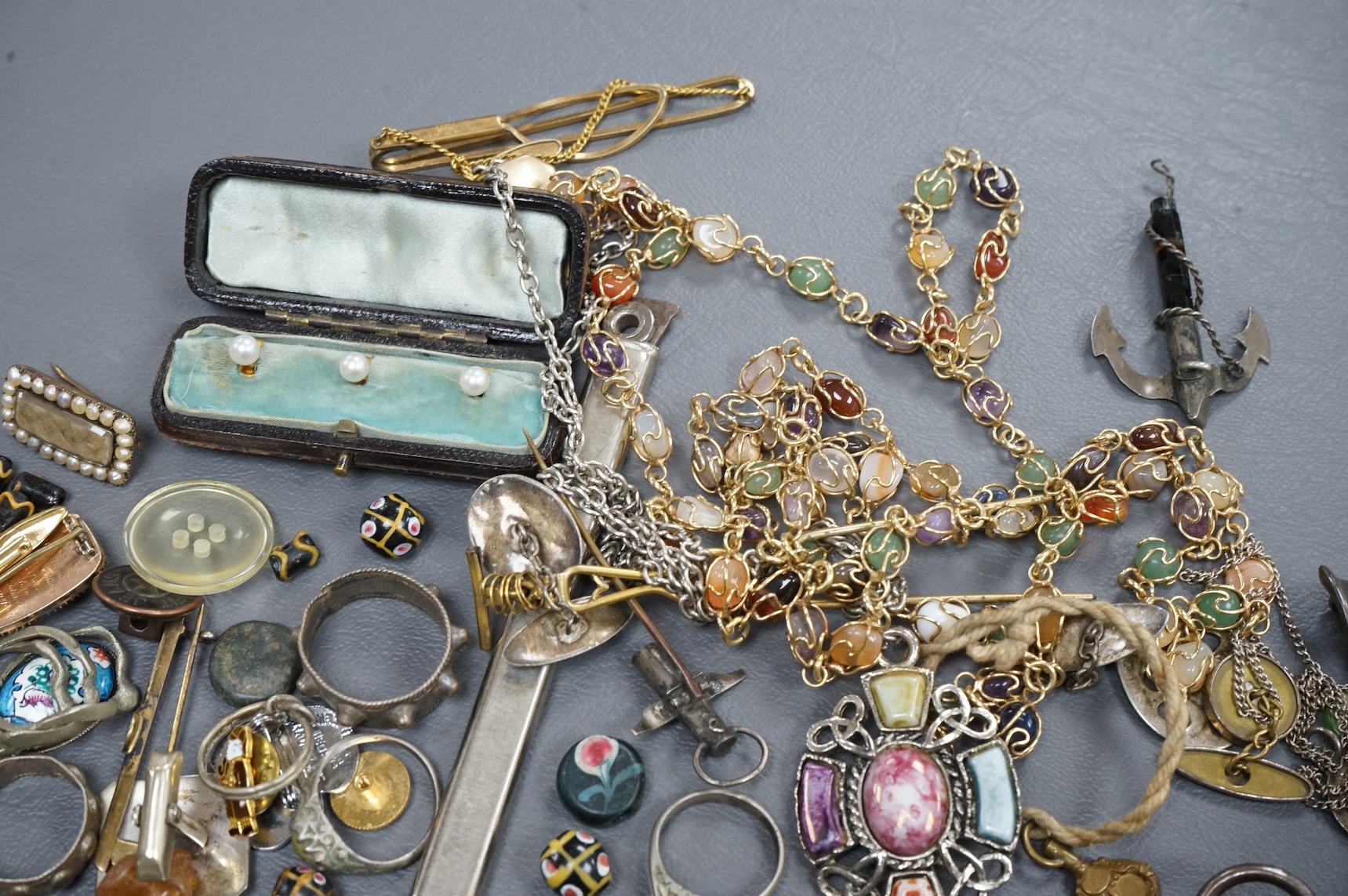 Group of mixed costume jewellery and other items including a George IV mourning brooch and a Swiss 935 standard white metal silver half hunter keyless pocket watch.